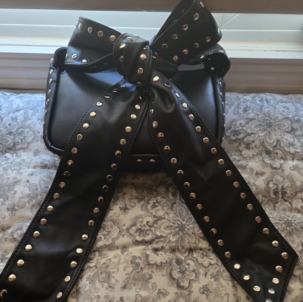 Black Handbag with Silver Studded Self -tie Strap Bow.